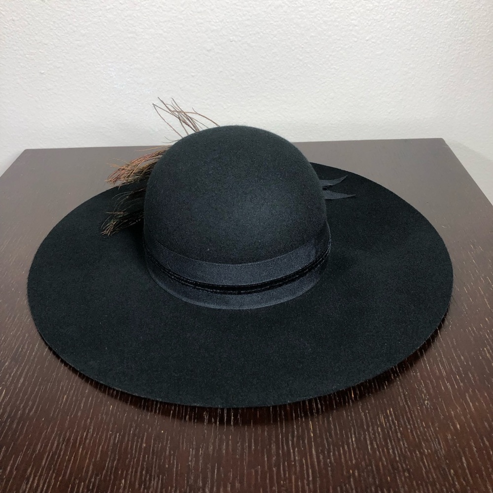Cynthia Rowley Wool Black Fedora Cloche Wide Brim Peacock Feathers bohemian Hat - Picture 9 of 14